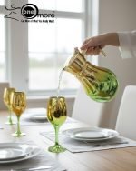 Luxury painted glass water set: 1 jug, 6 stemmed glasses with gold and vibrant color metallic finish.