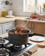 One More non-stick pressure cooker used as a steamer for three seasoned chicken drumsticks wrapped in foil on a metal rack.