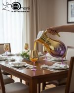 Luxury painted glass water set: 1 jug, 6 stemmed glasses with gold and vibrant color metallic finish.