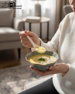 Elegant 14-piece ceramic soup set in six available colors (Black, Navy Blue, Taupe, Slate Grey, Dark Green, Mint Green) featuring scalloped gold rims; includes 1 large serving bowl, 6 small soup bowls, 1 serving spoon, and 6 individual soup spoons, displayed on a kitchen countertop.