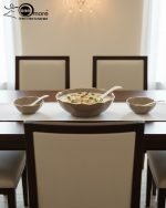 Elegant 14-piece ceramic soup set in six available colors (Black, Navy Blue, Taupe, Slate Grey, Dark Green, Mint Green) featuring scalloped gold rims; includes 1 large serving bowl, 6 small soup bowls, 1 serving spoon, and 6 individual soup spoons, displayed on a kitchen countertop.