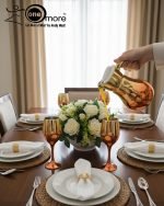 Luxury painted glass water set: 1 jug, 6 stemmed glasses with gold and vibrant color metallic finish.