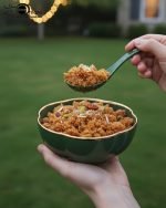 14-piece ceramic soup bowl and spoon set featuring a large serving bowl, six individual bowls, and seven matching spoons, all with a rich color glaze and elegant hand-painted gold rim, available in five colors: black, green, white, taupe, and deep teal.