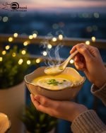 14-piece ceramic soup set in 5 colors (White, Black, Green, Blue, Pink) with gold beaded rim detailing, including one serving bowl, six individual bowls, and seven spoons.