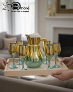 Luxury painted glass water set: 1 jug, 6 stemmed glasses with gold and vibrant color metallic finish.