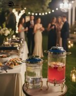 Luxury stainless steel and clear glass beverage dispenser with ornate gold-tone base and handles, available in 7-liter and 10-liter sizes, shown serving infused water at an elegant event.