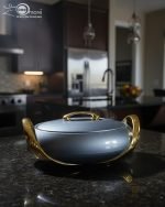 Elegant insulated casserole dish set with gold accents for serving hot food, available in white, sky blue, and blue in 2.5, 3, and 3.5-liter sizes.