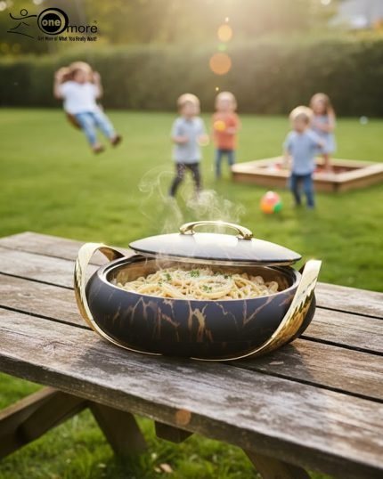 A set of three stacked white marble-patterned insulated casserole dishes (hot pots) with striking gold-tone handles and lids, displayed on a formal dining table.