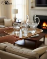 Fiber serving tray set of 3 sizes, anti-slip surface, available in black and light brown colors. Versatile utility tray for kitchen, bar, or home use.