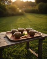 Set of 3 non-slip fiber serving trays in grey and rust brown colors.