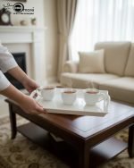 Set of 3 rectangular fiber serving trays in black, brown, and white colors, featuring non-slip texture and ergonomic handles for serving food and beverages.