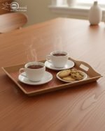 Set of three nesting fiber serving trays with non-slip textured surfaces and cut-out handles, displayed on a wooden dining table. The available colors are black, dark brown, grey, off-white, and rust-brown.