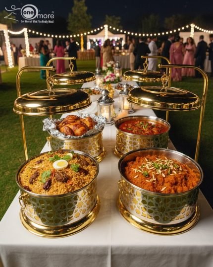 Royal gold and silver chafing dish for buffet service, featuring an ornate laser-cut pattern and a high gold stand with a hinged lid. Available in 4 and 6 liter capacities, designed for catering, weddings, and high-end events to keep foods like biryani, curry, or fried shrimp warm.
