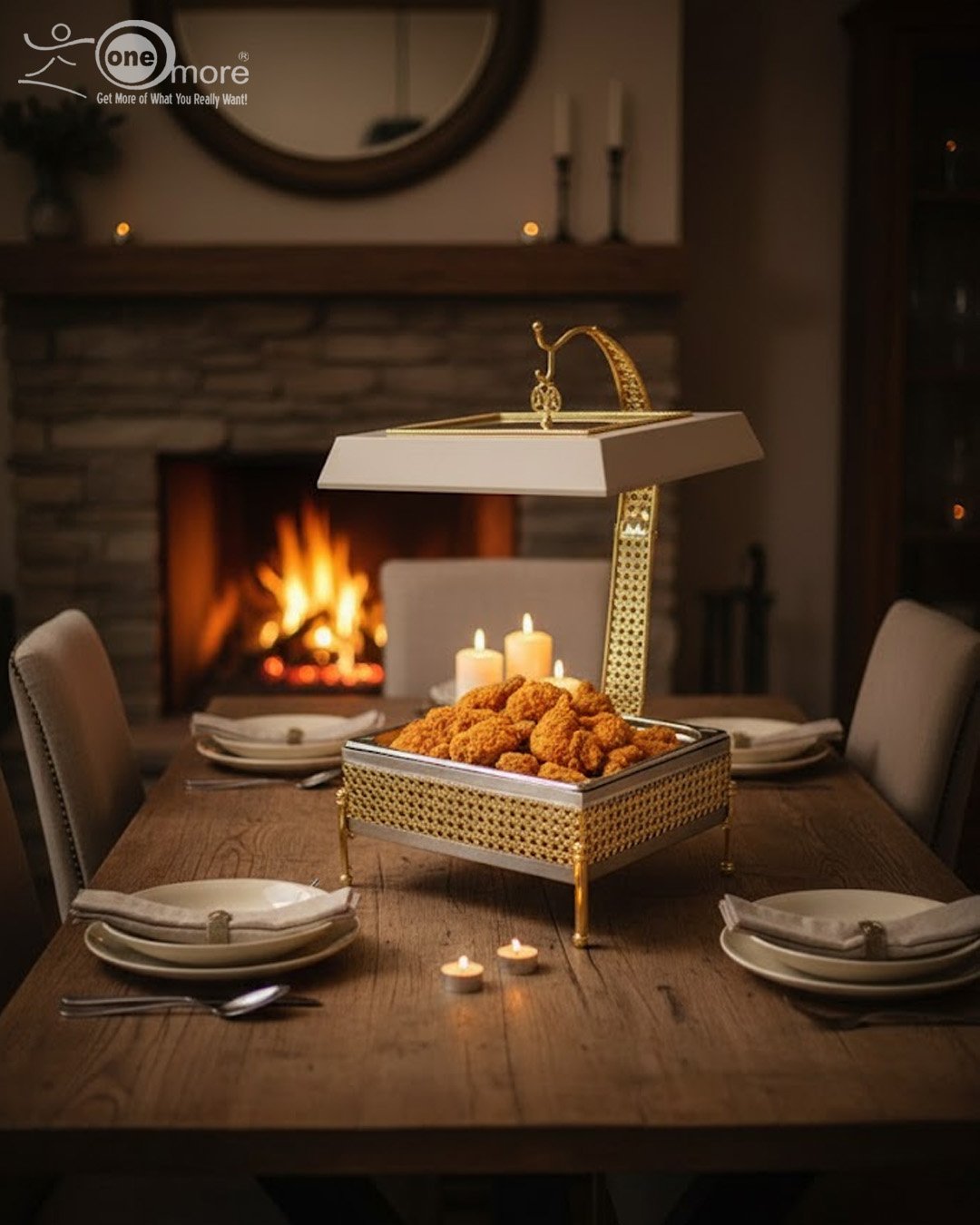 Royal buffet chafing dish set in 4 liter size, featuring a luxurious gold and cream stand, hydraulic lid, and visible canned heat holder (buffet burner) on a dark counter. Royal buffet chafing dish set in 4 liter size, featuring a luxurious gold and cream stand, hydraulic lid, and visible canned heat holder (buffet burner) on a dark counter.