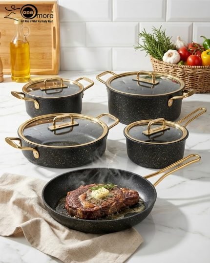 Falez 9-piece non-stick granite cookware set in black with gold handles, including fry pan, casserole, sauce pan, and pots with glass lids, made in Turkey.
