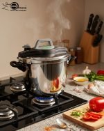 Falez 7 liter stainless steel pressure cooker made in Turkey placed on a kitchen stovetop with steam rising, featuring the ONEMORE brand logo.