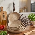 Falez granite non-stick fry pan with One More logo, showing healthy cooking with minimal oil. Made in Turkey, available in 7 sizes from 20cm to 32cm.