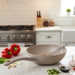 O.M.S. brown granite non-stick wok pan made in Turkey, displaying stir-fry cooking with 90% less oil and fresh ingredients on a kitchen counter.