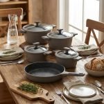 UCC LIFE 9-piece non-stick granite cookware set arranged on a wooden kitchen counter, featuring a frying pan, shallow casserole, and three pots with glass lids in a speckled grey finish.