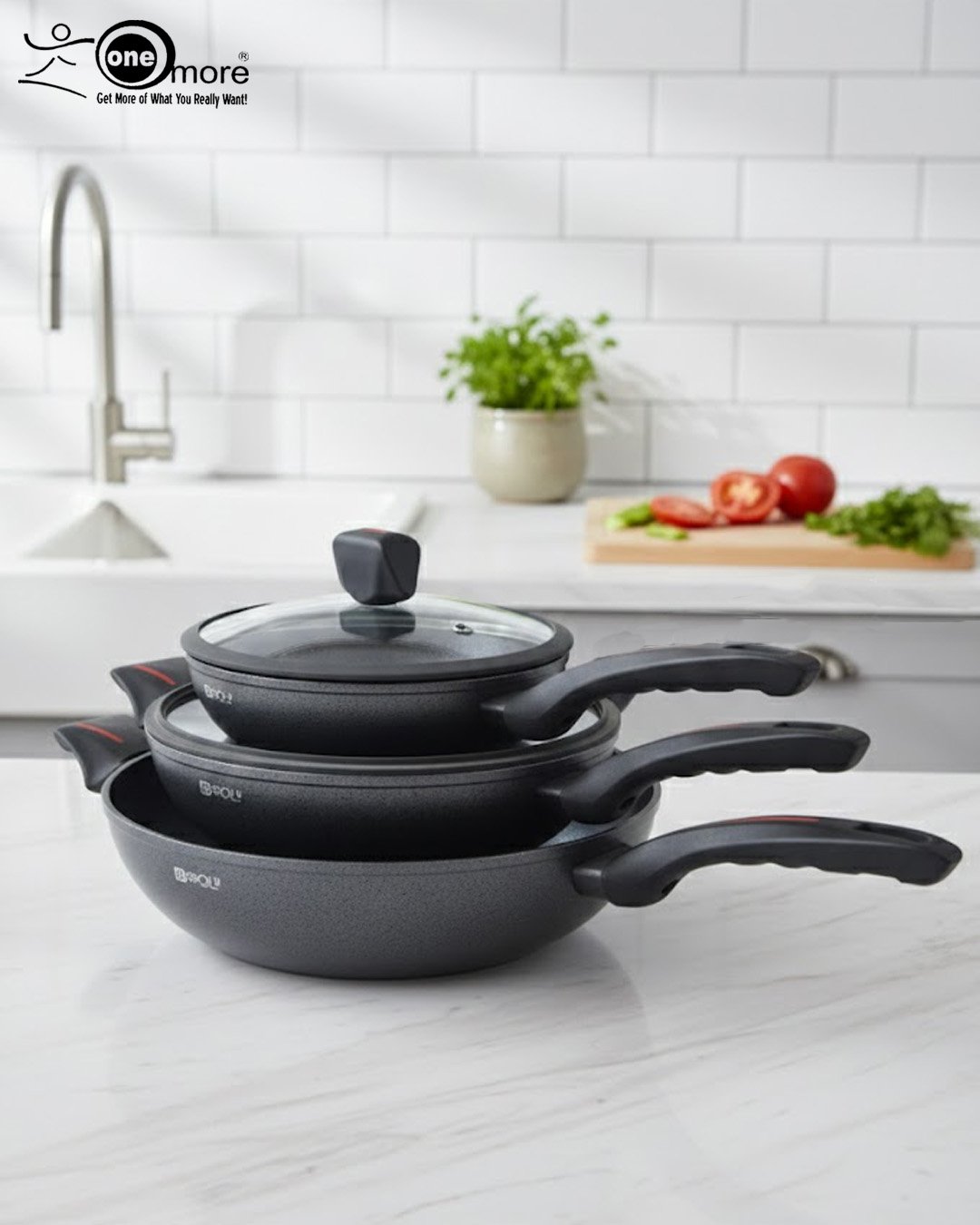 1 One More 24cm granite non-stick wok with glass lid and black silicon handle, displaying healthy low-oil cooking with fresh vegetables in the background.