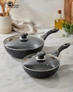 One More black granite non-stick wok pan with single long handle and glass lid, shown in 24cm and 30cm sizes, featuring a textured surface for low-oil stir frying.
