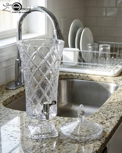 Elegant One More 4.5 liter diamond-cut glass beverage dispenser with a silver spigot and decorative lid, filled with lemon-infused water on a table setting.