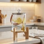 A One More brand 3.6 liter ribbed glass water dispenser filled with lemon slices and ice, featuring a gold tap, a brown leather handle, and a heart-shaped lid knob, resting on a light wood bamboo stand in a modern kitchen and living room setting.