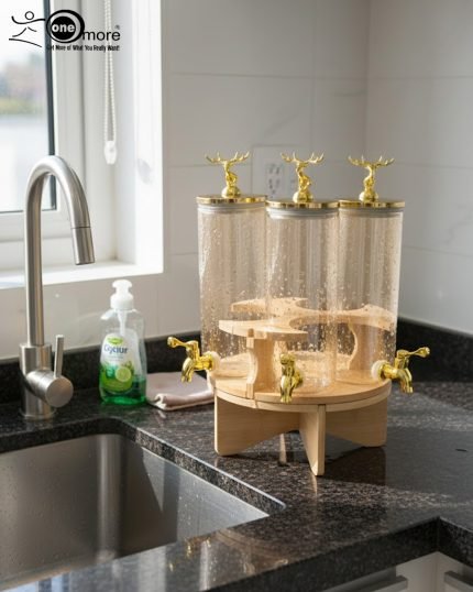 Triple 5.5L shaded glass beverage dispenser featuring gold deer-topped lids and gold taps, mounted on a 360-degree rotating wooden stand for elegant serving.