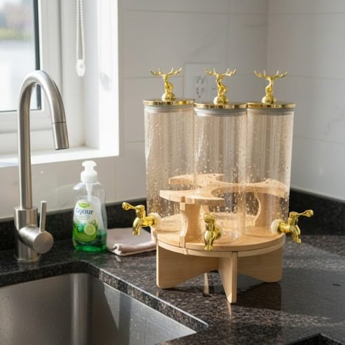 Triple 5.5L shaded glass beverage dispenser featuring gold deer-topped lids and gold taps, mounted on a 360-degree rotating wooden stand for elegant serving.