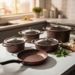 Falez 9-piece brown granite non-stick cookware set including deep pots, shallow casserole, and fry pan with glass lids, Made in Turkey, displayed on a marble kitchen counter.