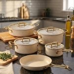 Falez 9-piece cream granite non-stick cookware set with gold handles, featuring a fry pan, sauce pan, and casseroles with glass lids, made in Turkey for healthy low-oil cooking.