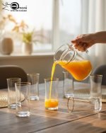 Pasabahce 7-piece clear glass water set featuring one jug and six glasses with elegant gold rims, displayed on a wooden dining table.