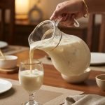 Pasabahce Turkish glass water set featuring 1 glass jug and 6 stemmed goblet glasses with elegant gold rims, arranged on a dining table.