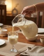 Pasabahce Turkish glass water set featuring 1 glass jug and 6 stemmed goblet glasses with elegant gold rims, arranged on a dining table.