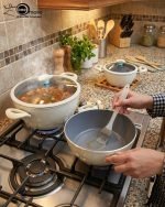 Falez 9-piece cream colored non-stick cookware set displayed on a wooden table, featuring a granite ceramic interior, glass lids with blue knobs, and a frying pan, made in Turkey.