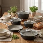 Falez 9-piece black granite non-stick cookware set including fry pan, shallow casserole, and three pots with glass lids and stainless steel handles, arranged on a wooden table.