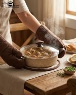 Falez non-stick granite shallow casserole set stacked in three sizes (26cm, 28cm, 30cm) with glass lids, featuring a speckled stone finish and brown handles for healthy low-oil cooking.