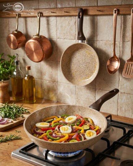 Falez granite non-stick fry pan with One More logo, showing healthy cooking with minimal oil. Made in Turkey, available in 7 sizes from 20cm to 32cm.