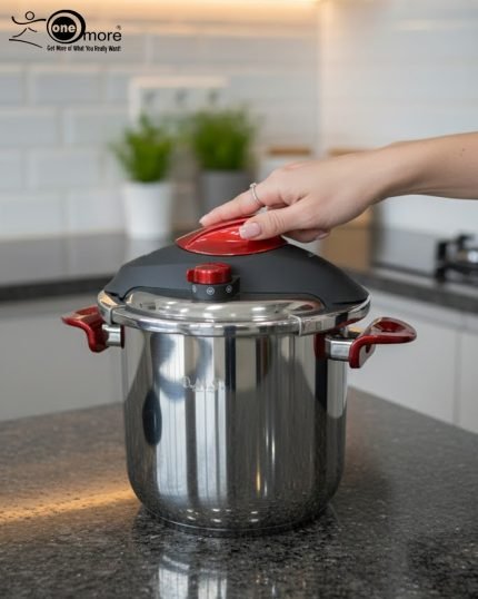 O.M.S/ONEMORE 14-liter stainless steel pressure cooker with red handles sitting on a kitchen stovetop, featuring an open lid with steaming hot meat stew inside.