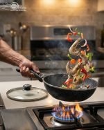 One More black granite non-stick wok pan with single long handle and glass lid, shown in 24cm and 30cm sizes, featuring a textured surface for low-oil stir frying.