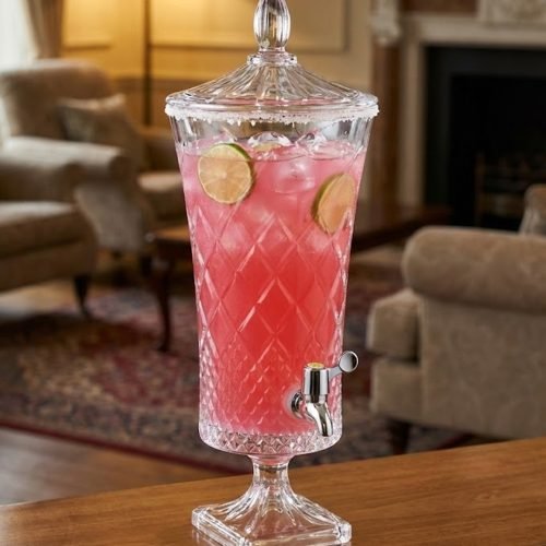A luxurious 4.5-liter crystal-cut glass beverage dispenser by One More, featuring an intricate diamond pattern and silver spigot, displayed on a formal dining table with lemon-infused water.