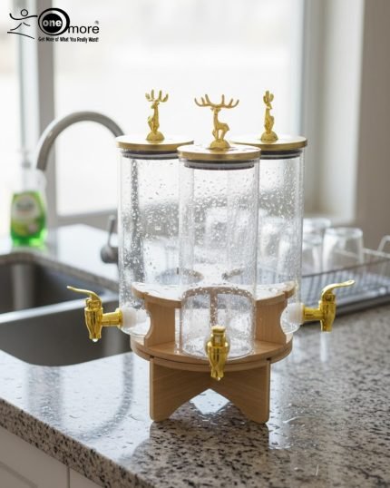 Elegant triple glass beverage dispenser set on a rotating wooden stand, featuring gold-toned taps and decorative deer figurines on lids, shown in various settings including a dinner party and outdoor event.