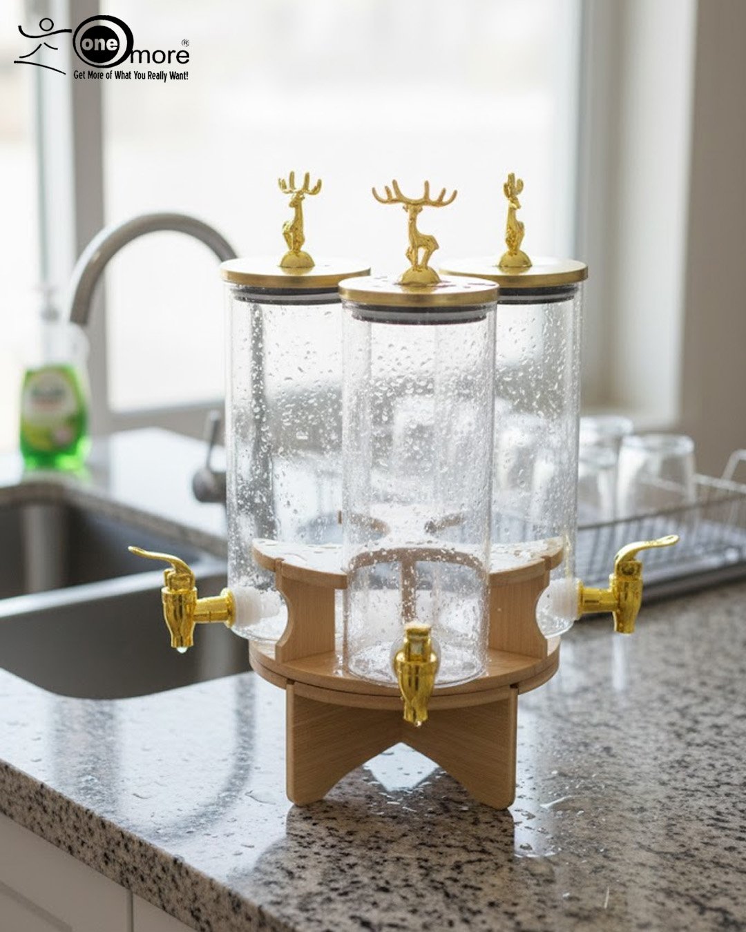 2 Elegant triple glass beverage dispenser set on a rotating wooden stand, featuring gold-toned taps and decorative deer figurines on lids, shown in various settings including a dinner party and outdoor event.