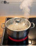 Stacked collection of Falez stainless steel cooking pots in seven sizes ranging from 18cm to 30cm, featuring glass lids and a polished silver finish, displayed on a wooden table for the One More kitchenware brand.
