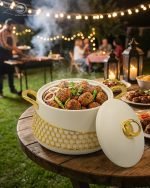 Three-piece luxury insulated hotpot set by One More in matte black and pearl white, featuring gold honeycomb lattice designs, gold handles, and steaming hot food in various dining settings.