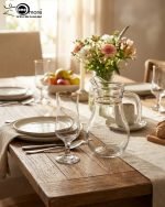 Pasabahce 7-piece glass water set featuring one clear jug and six stemmed glasses with elegant gold rims, displayed on a wooden surface.