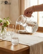 Pasabahce 7-piece clear glass water set including 1 jug and 6 glasses with elegant gold rim detailing, displaying Turkish craftsmanship – Onemore Crockery.