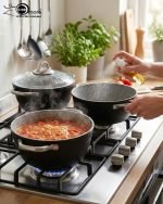Falez 9-piece black granite non-stick cookware set including fry pan, shallow casserole, and three pots with glass lids and stainless steel handles, arranged on a wooden table.