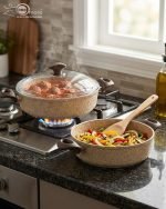 Falez non-stick granite shallow casserole set stacked in three sizes (26cm, 28cm, 30cm) with glass lids, featuring a speckled stone finish and brown handles for healthy low-oil cooking.