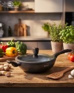 One More 24cm granite non-stick wok with glass lid and black silicon handle, displaying healthy low-oil cooking with fresh vegetables in the background.